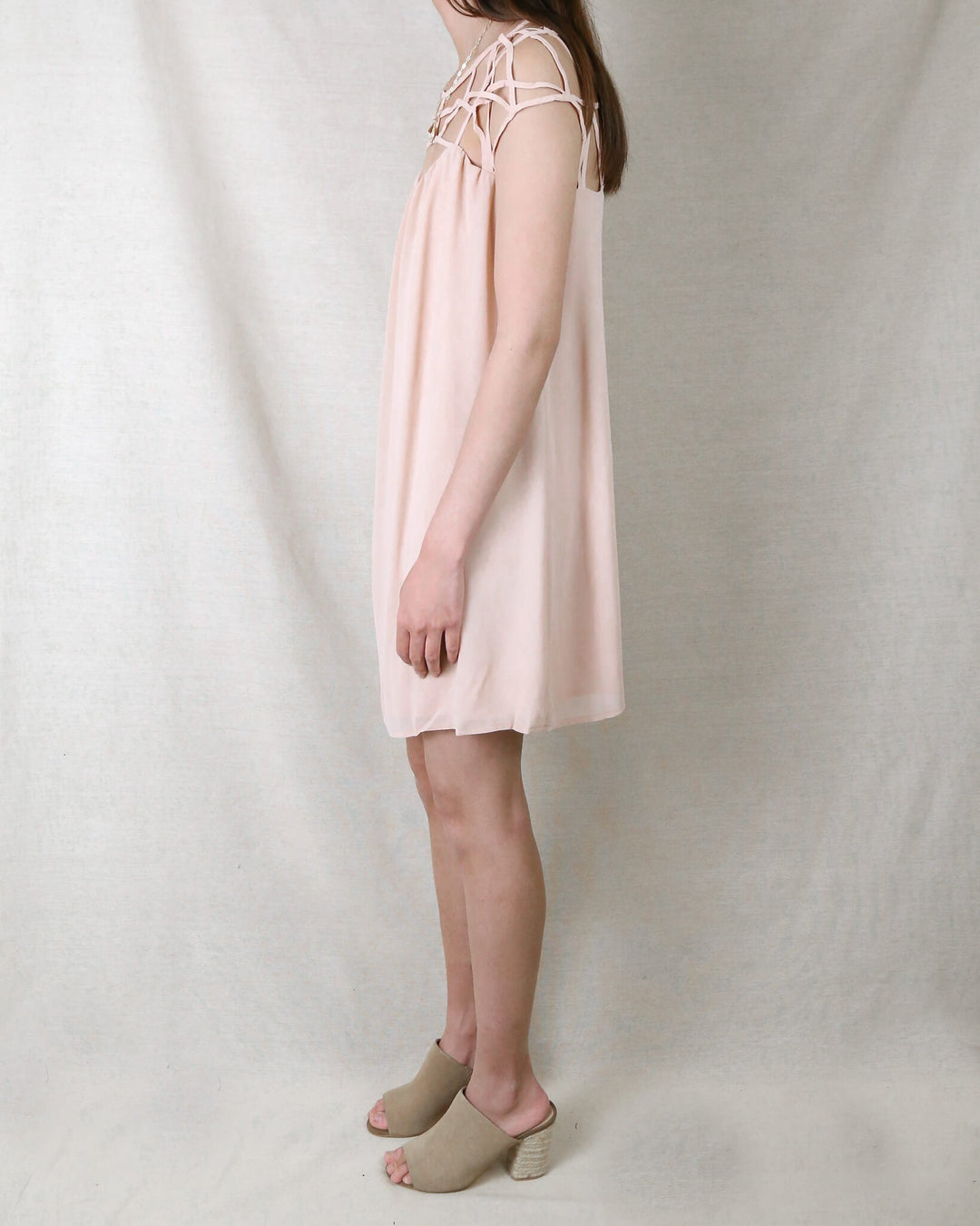 Final Sale - Caged Up Flowy Chiffon Dress in Almond