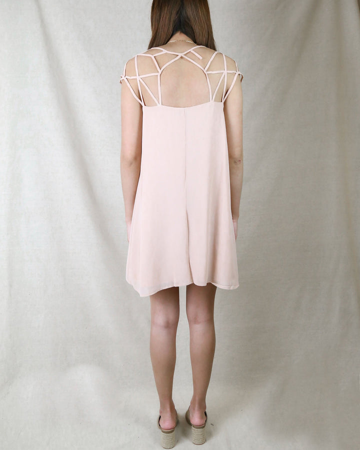 Final Sale - Caged Up Flowy Chiffon Dress in Almond