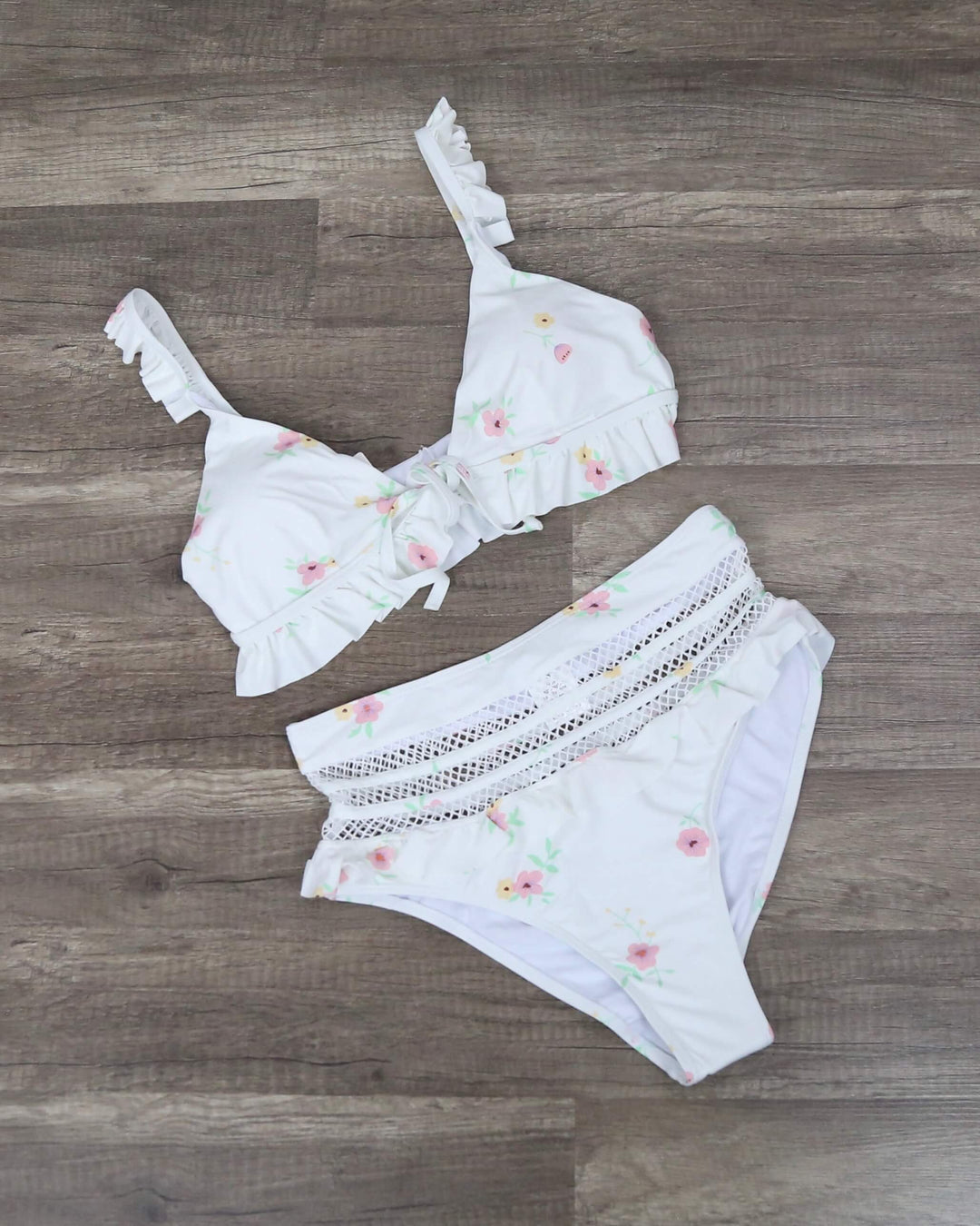 ruffle hem - removable pads - floral - adjustable shoulder straps - front tie closure - high waisted bottom - mesh