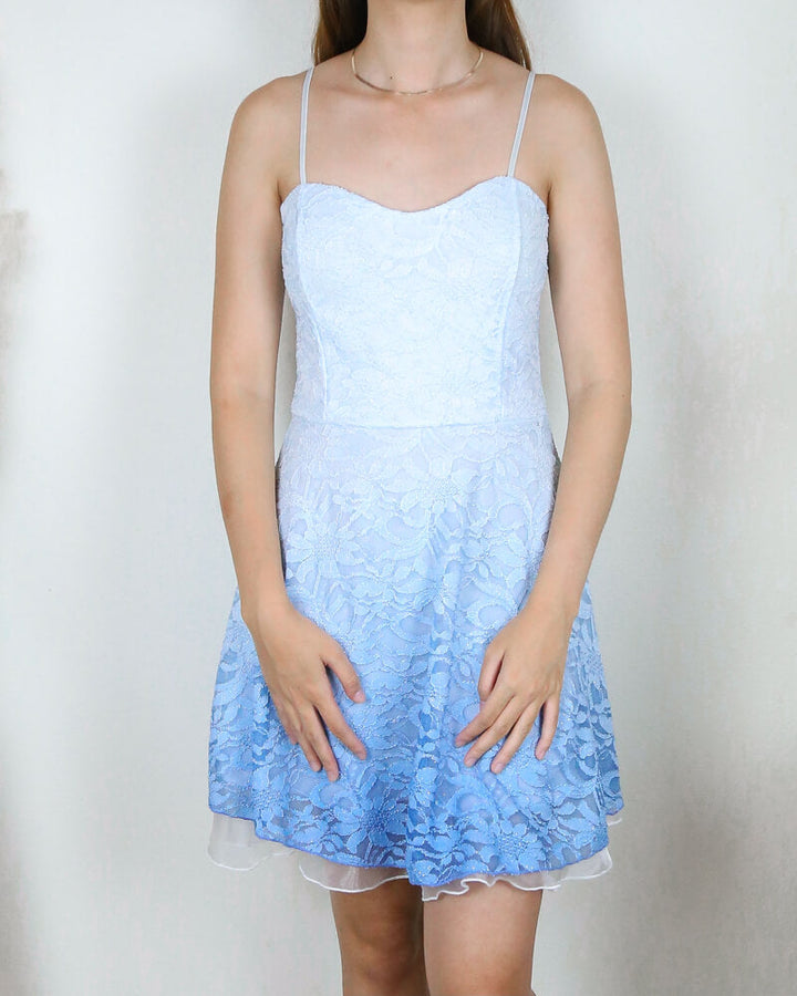 Glits & Glams Lacy Floral Dip Dye Fit and Flare Dress in Powder Blue