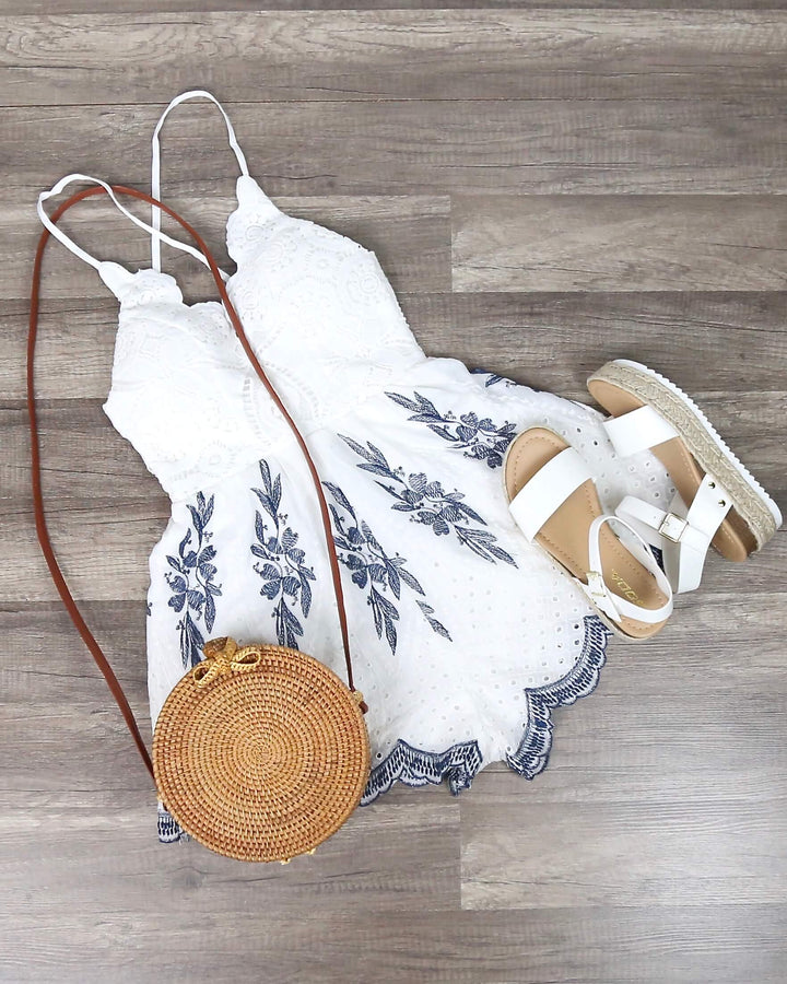 White + Navy Embroidery Crochet Open Back Romper