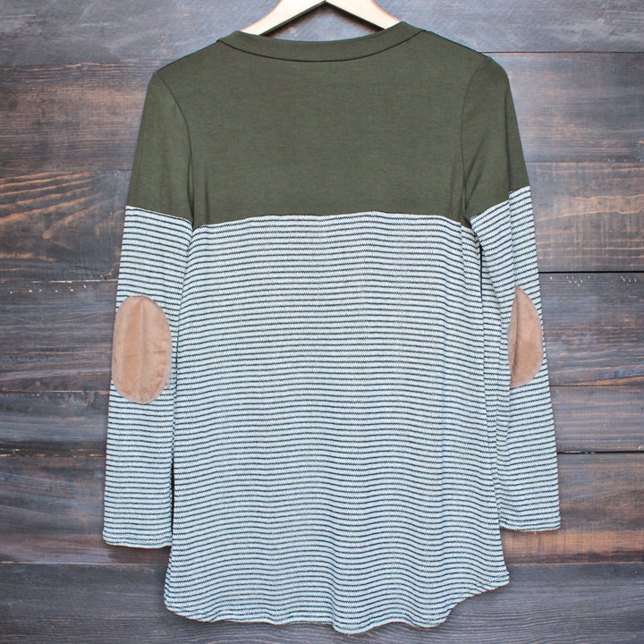 color block stripe long sleeve shirt with suede elbow patch + pocket (more colors) - shophearts - 2