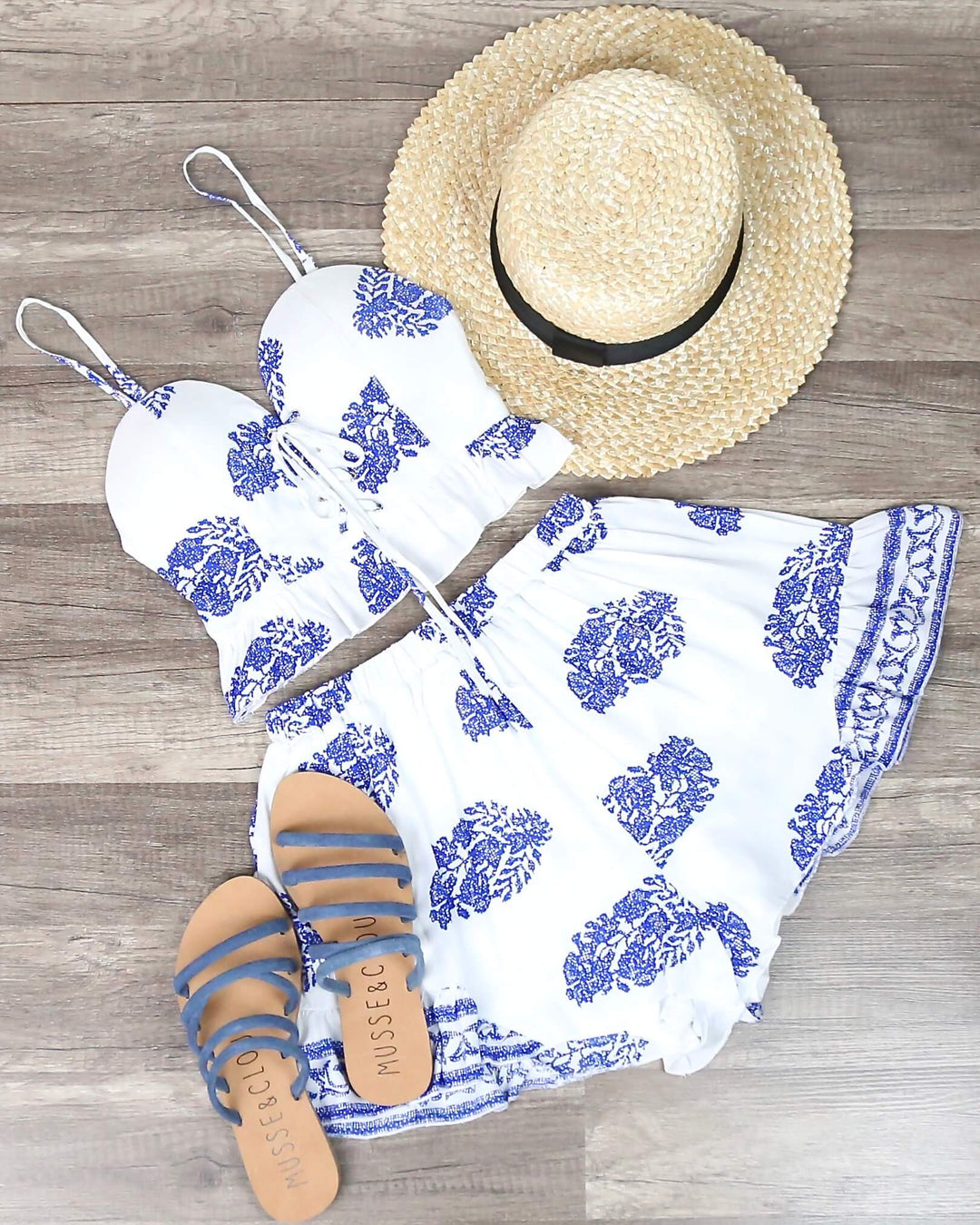 Final Sale - Festival Shop - Boho Print Two Piece Set - White/Blue