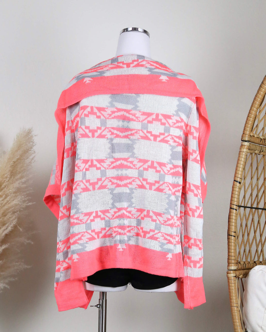 Cozy Bonfire Aztec Print Tribal Cardigan in Bright Coral