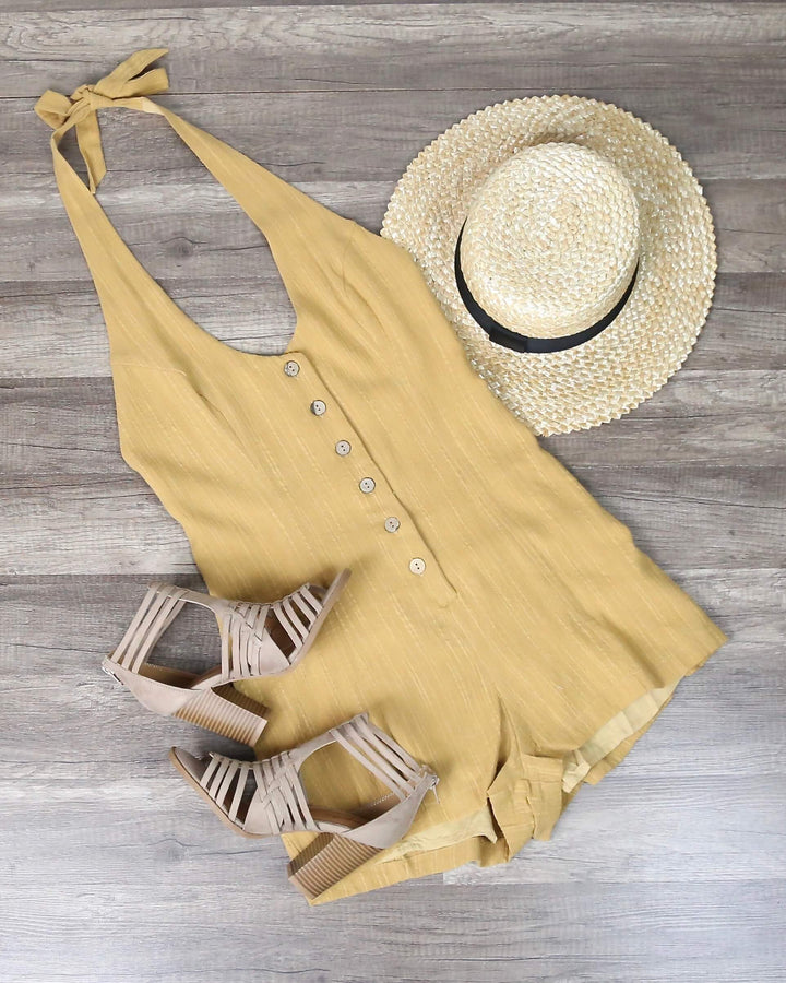 Cotton Candy - Fairgrounds Linen Romper in Dijon Mustard