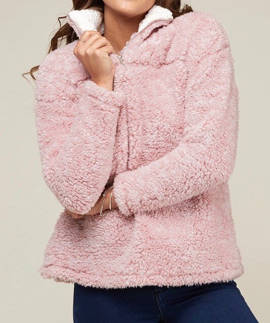 Two Tone Sherpa Half-Zip Pullover - Blush