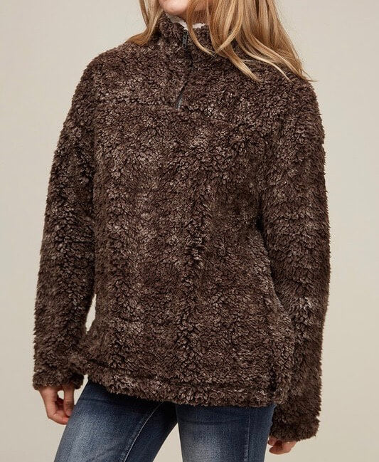 Two Tone Sherpa Half-Zip Pullover - Brown