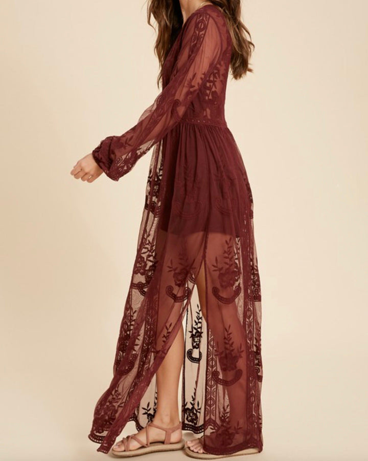 As You Wish Balloon Long Sleeve Embroidered Maxi Dress in More Colors