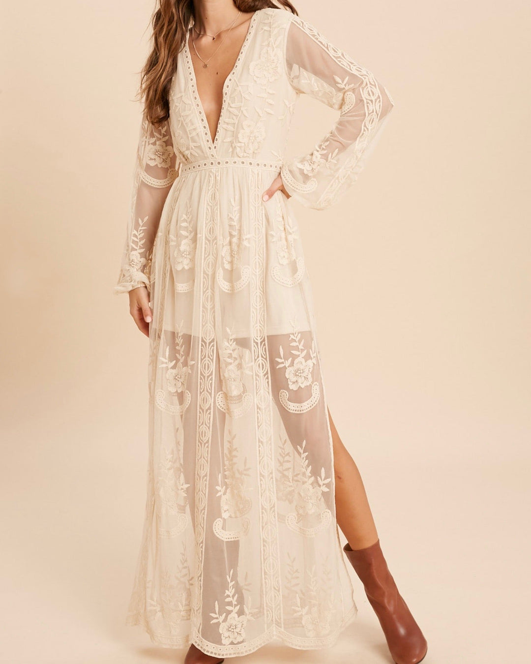 As You Wish Balloon Long Sleeve Embroidered Maxi Dress in More Colors