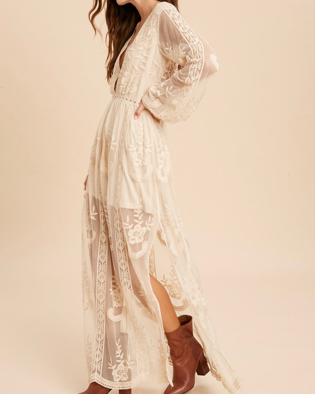 As You Wish Balloon Long Sleeve Embroidered Maxi Dress in More Colors