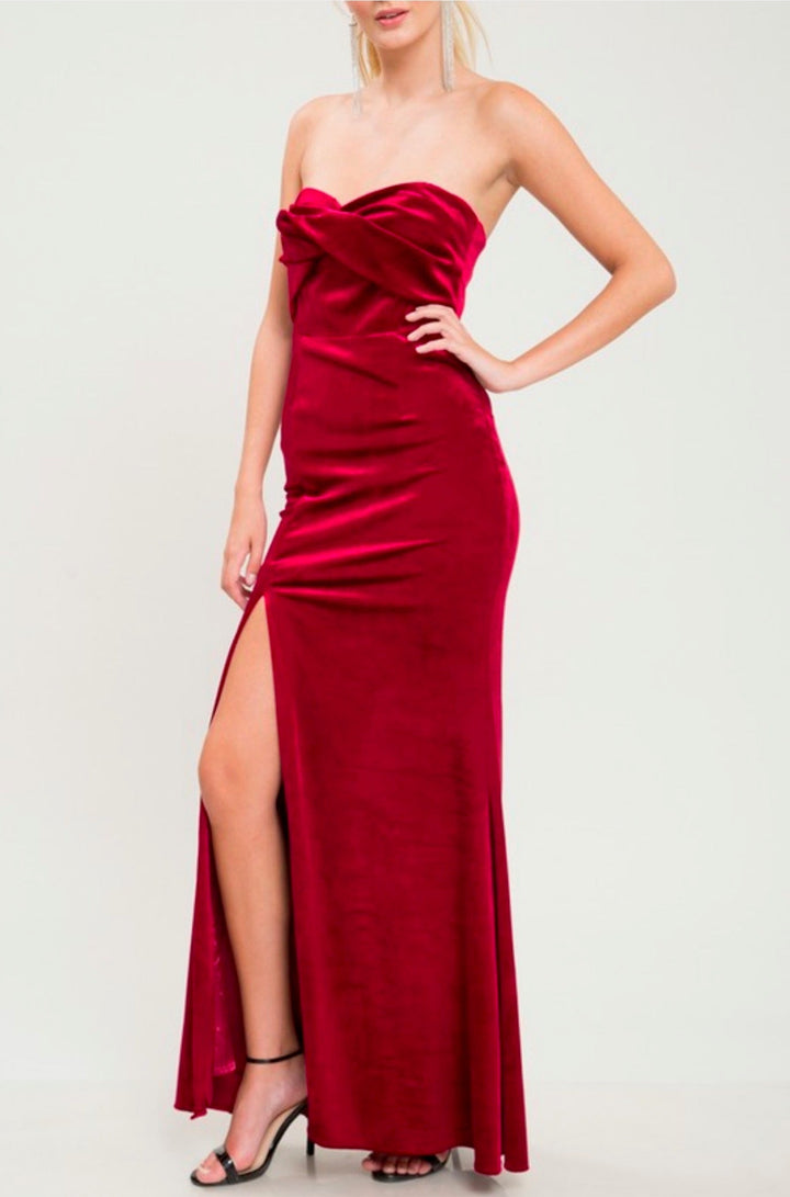 Twist Front Strapless Velvet Maxi Dress with Thigh High Slit in Burgundy