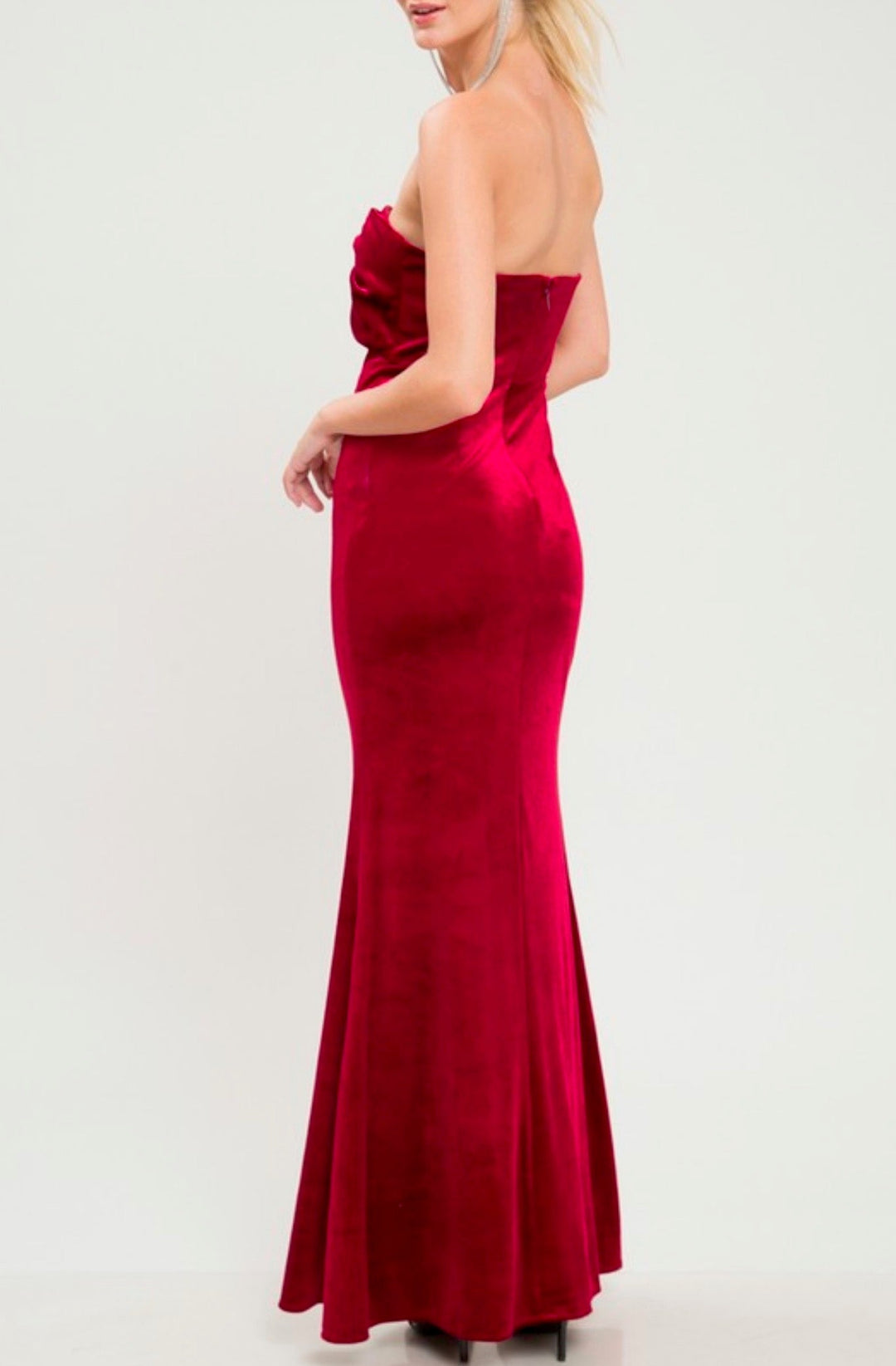 Twist Front Strapless Velvet Maxi Dress with Thigh High Slit in Burgundy