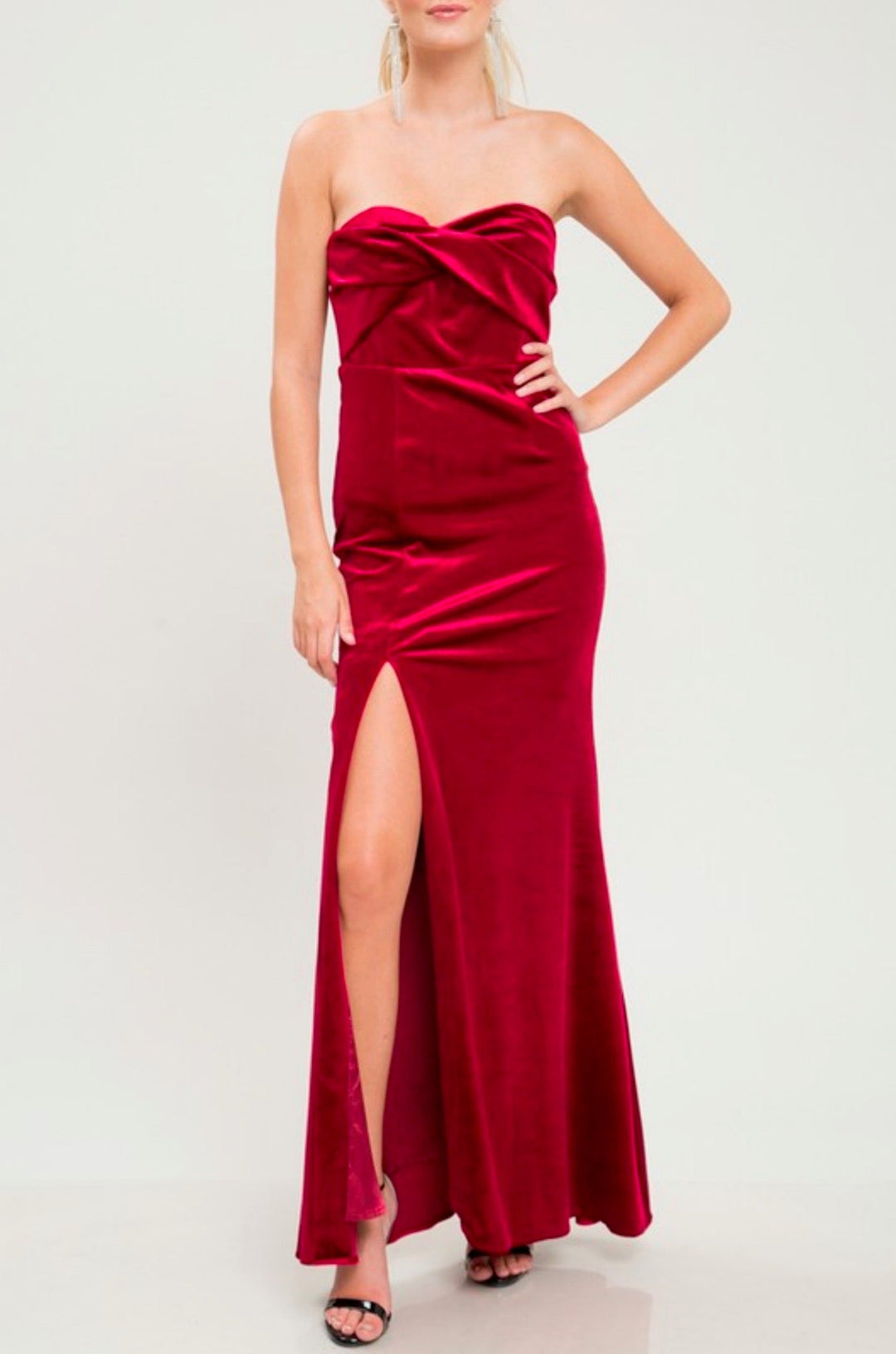 Twist Front Strapless Velvet Maxi Dress with Thigh High Slit in Burgundy
