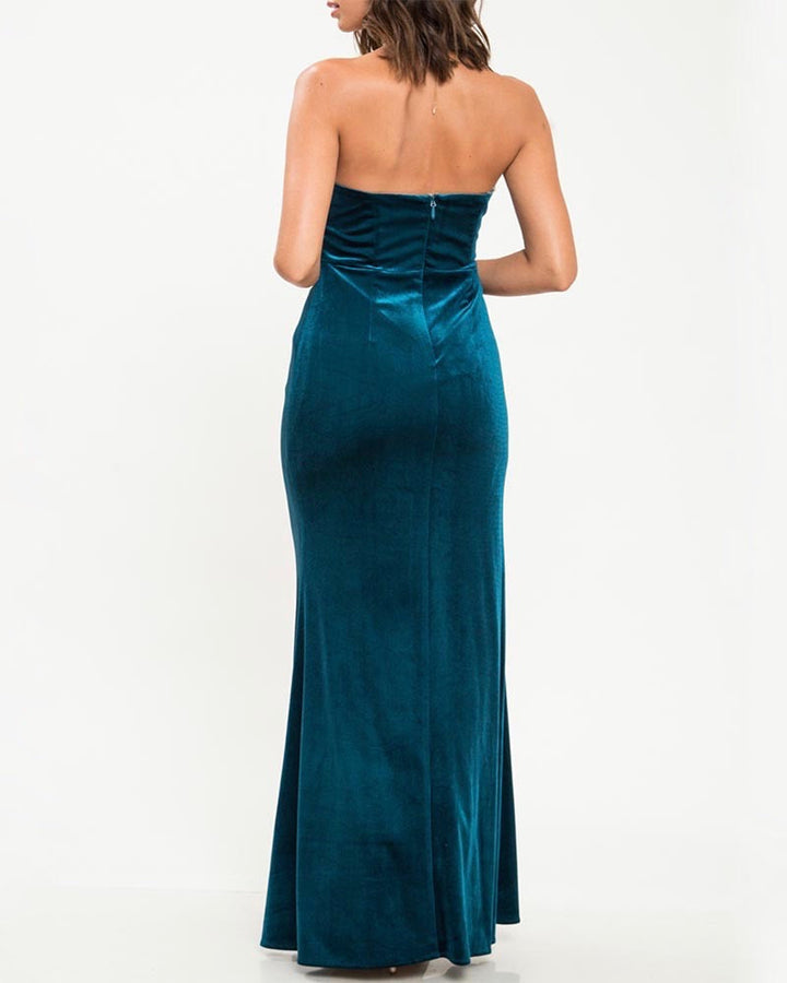 Final Sale - Twist Front Strapless Velvet Maxi Dress with Thigh High Slit in Teal