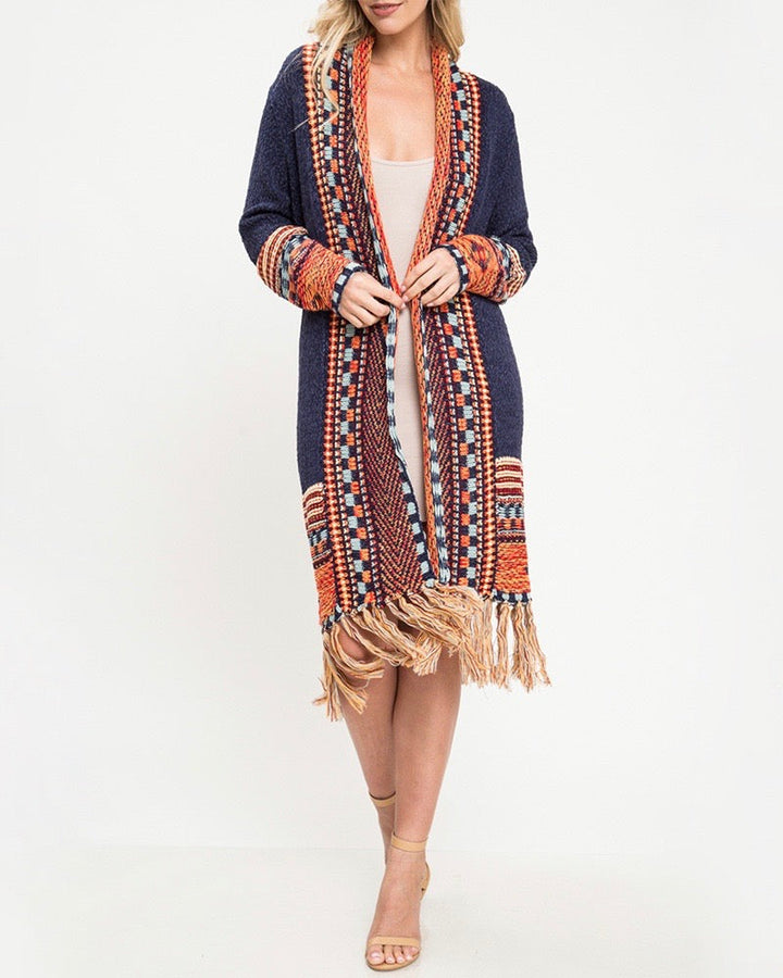 Open Front Fringe Cardigan in Navy
