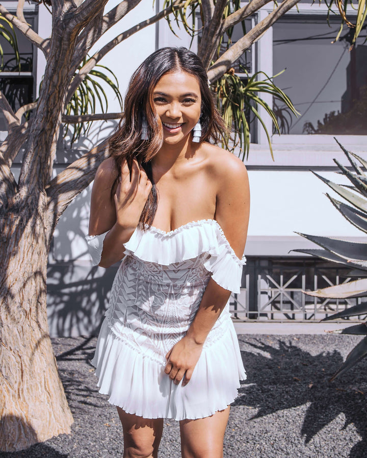 Lace off the Shoulder Pleated Ruffled Dress - More Colors