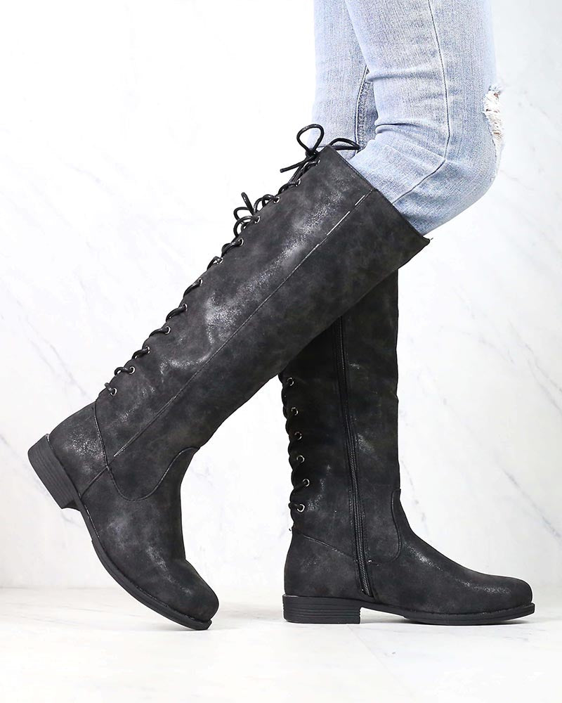 Laced Up Weathered Riding Boots in Black