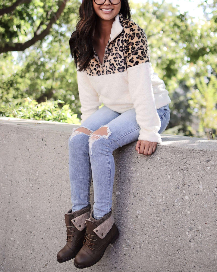Leopard Half Zip Faux Sherpa Fleece Teddy Pullover Top in More Colors