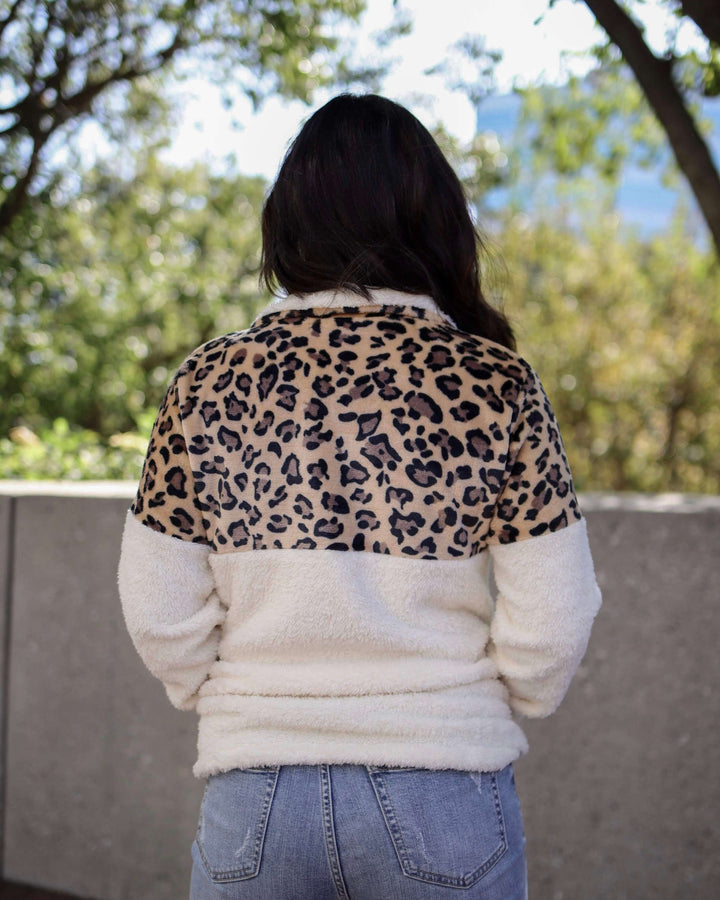 Leopard Half Zip Faux Sherpa Fleece Teddy Pullover Top in More Colors