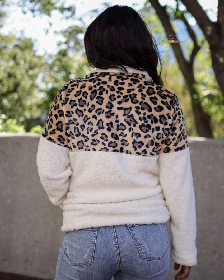 Leopard Half Zip Faux Sherpa Fleece Teddy Pullover Top in More Colors