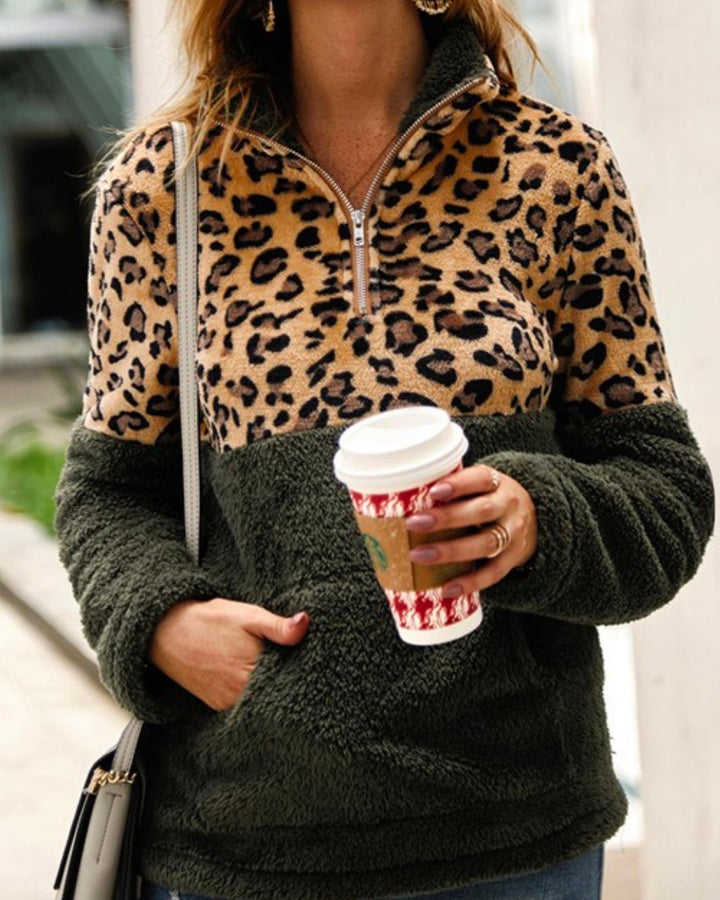Leopard Half Zip Faux Sherpa Fleece Teddy Pullover Top in More Colors