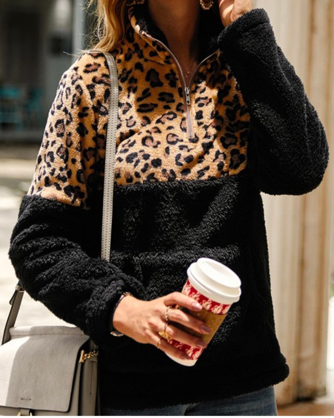 Leopard Half Zip Faux Sherpa Fleece Teddy Pullover Top in More Colors