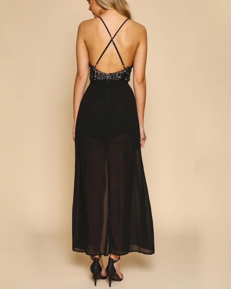 Life Of The Party Sequin Maxi Romper in Black