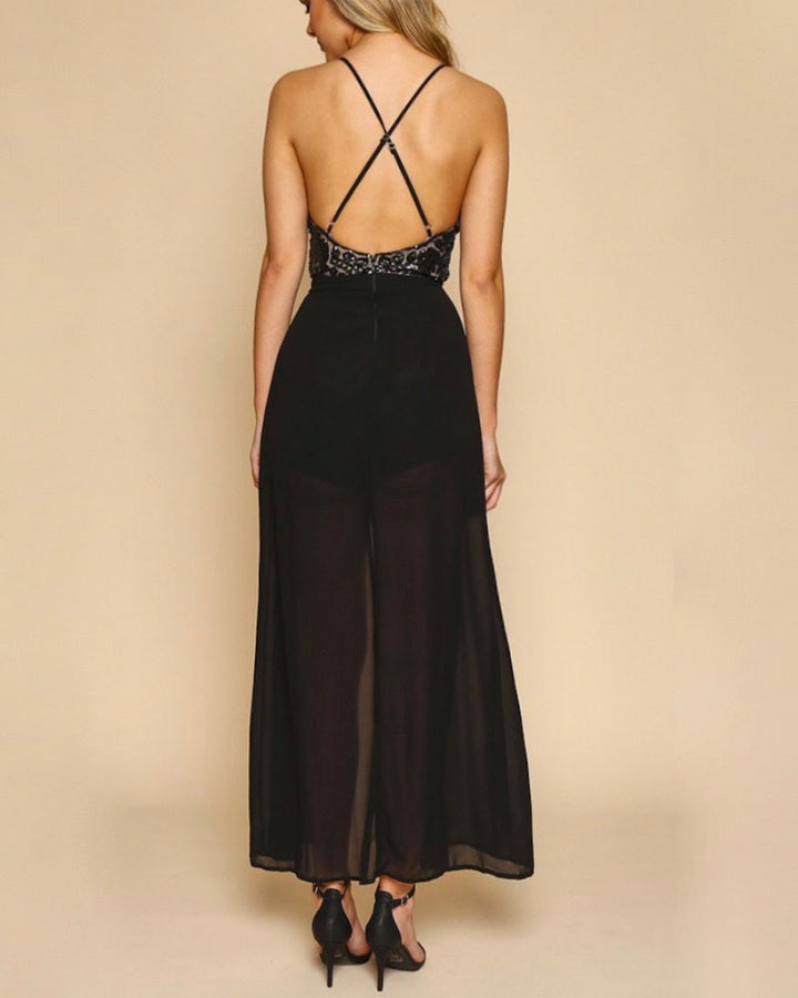 Life Of The Party Sequin Maxi Romper in Black