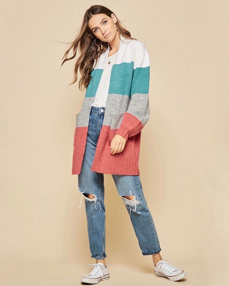 Open-Front Long-Line Colorblock Cardigan With Pockets - Mint