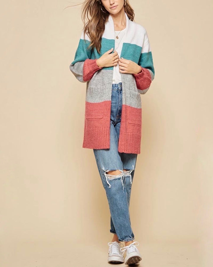 Open-Front Long-Line Colorblock Cardigan With Pockets - Mint