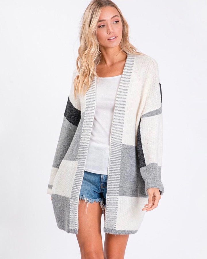 Long-Line Open-Front Greyscale Color Block Cardigan