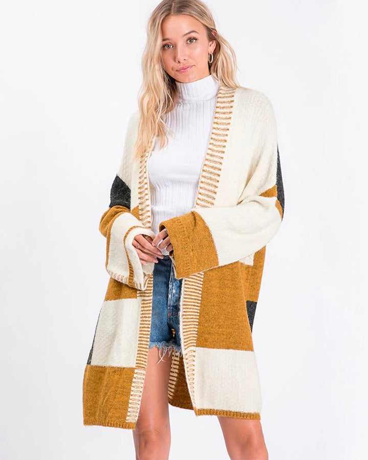 Long-Line Open-Front Mustard Color Block Cardigan