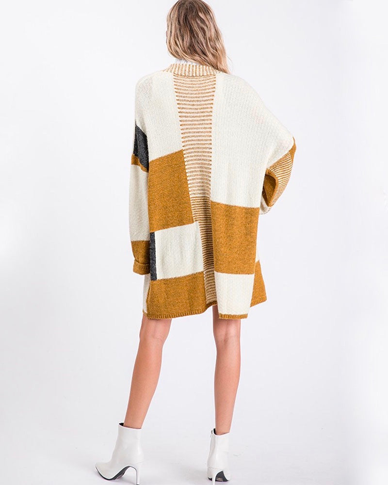 Long-Line Open-Front Mustard Color Block Cardigan
