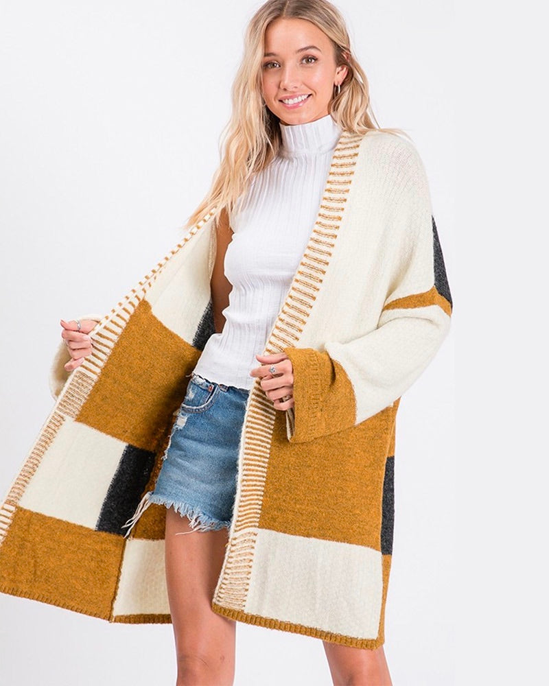Long-Line Open-Front Mustard Color Block Cardigan