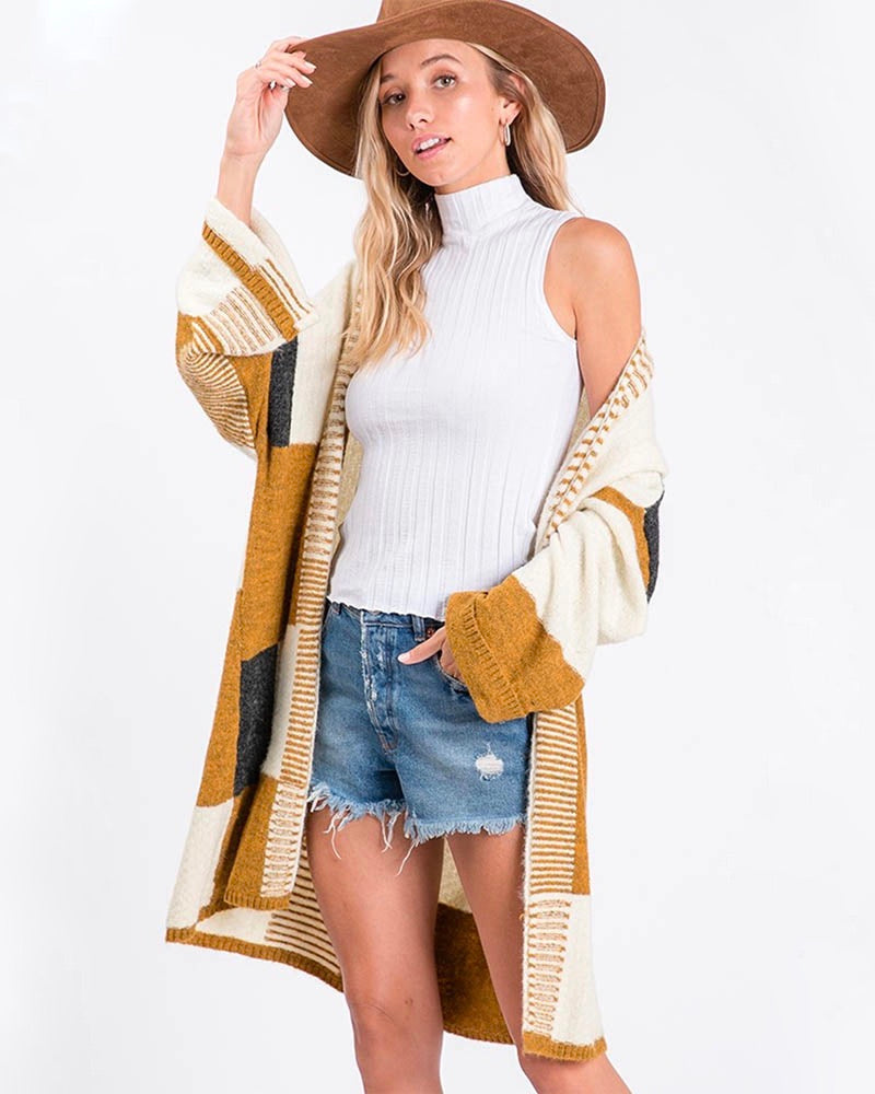 Long-Line Open-Front Mustard Color Block Cardigan
