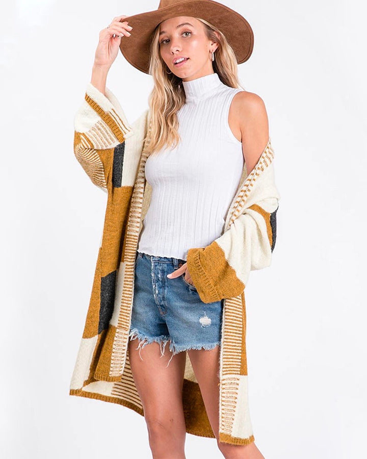 Long-Line Open-Front Mustard Color Block Cardigan