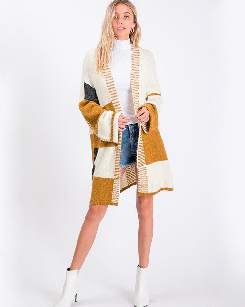 Long-Line Open-Front Mustard Color Block Cardigan