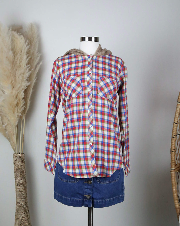 LoveStitch Boyfriend Plaid Shirt with Knit Hood in Red