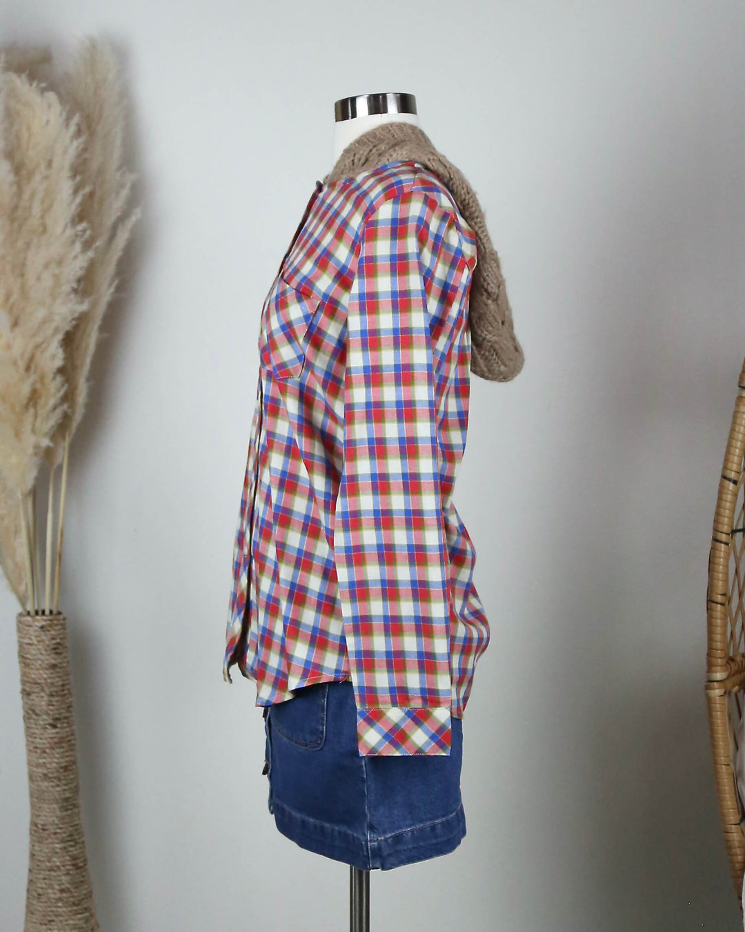 LoveStitch Boyfriend Plaid Shirt with Knit Hood in Red