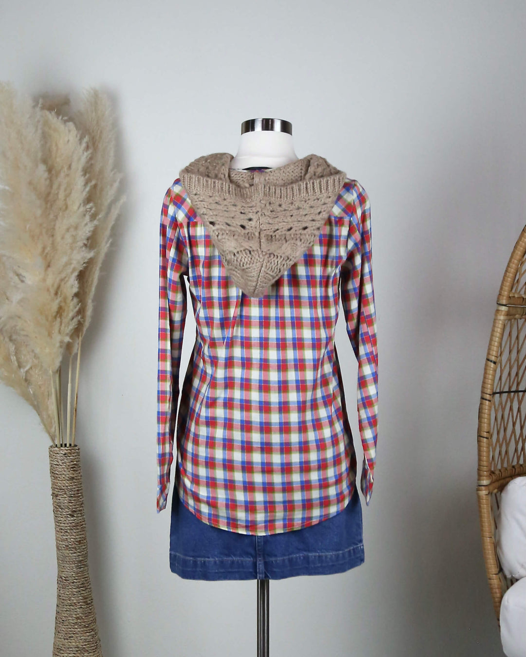 LoveStitch Boyfriend Plaid Shirt with Knit Hood in Red