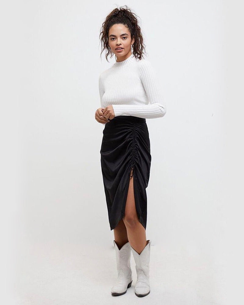 MINKPINK - Last Song Drawstring Satin Midi Skirt in Black