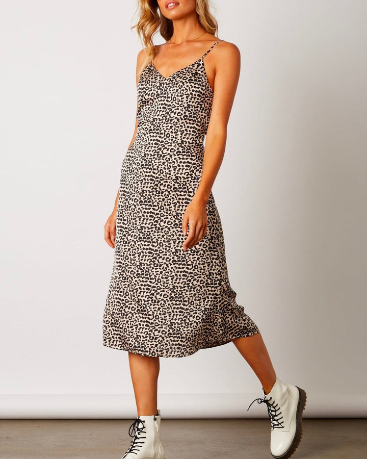 Cotton Candy LA - Midi Dress with Strappy Low Cut Back - Bone/Leopard