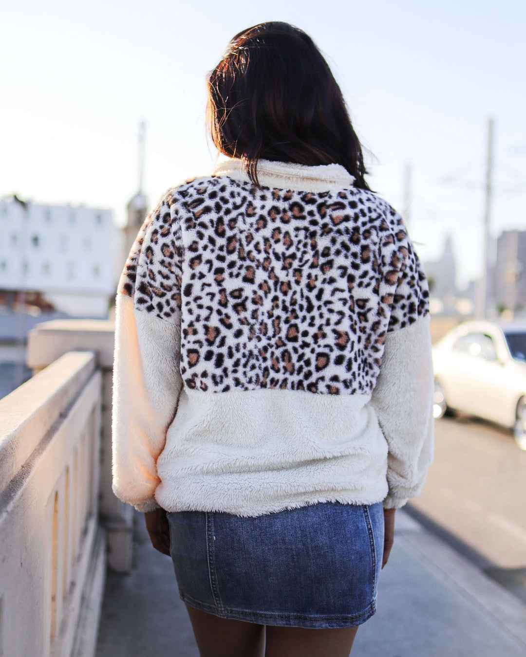 Mock Neck Animal Print Half-Zip Front Pocket Pullover in Ivory
