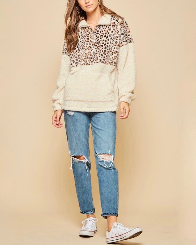 Mock Neck Animal Print Half-Zip Front Pocket Pullover in Ivory
