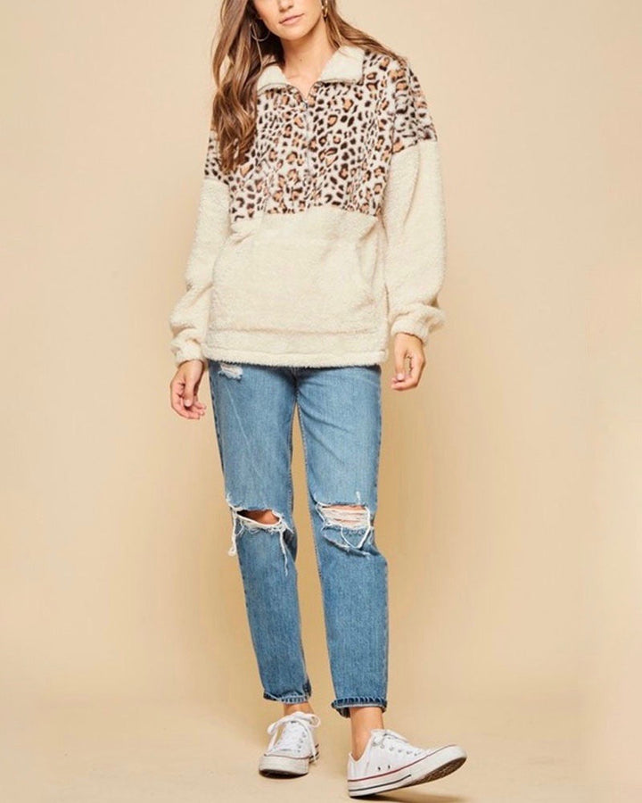 Mock Neck Animal Print Half-Zip Front Pocket Pullover in Ivory