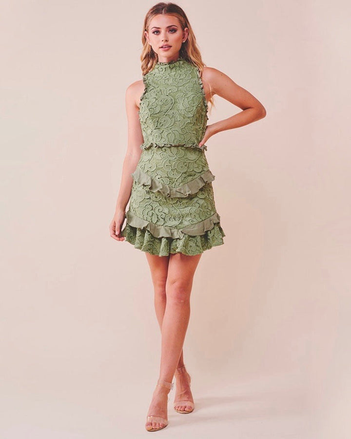 Mock Neck Lace Tiered Ruffle Sleeveless Dress in Olive