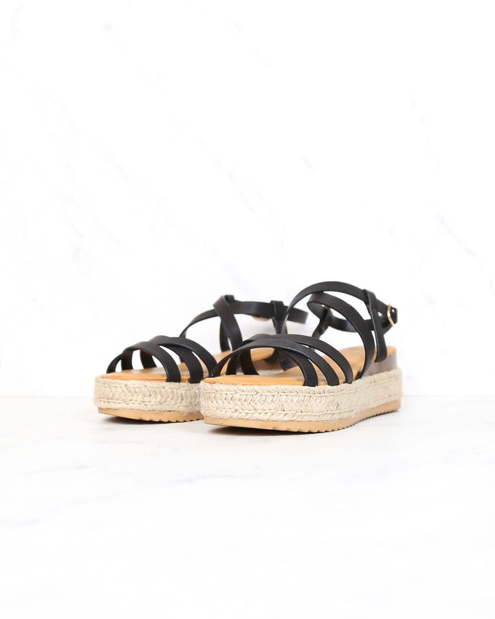 Multi Bands Crossed-Strap Espadrille Platform Sandal with Ankle Strap in Black