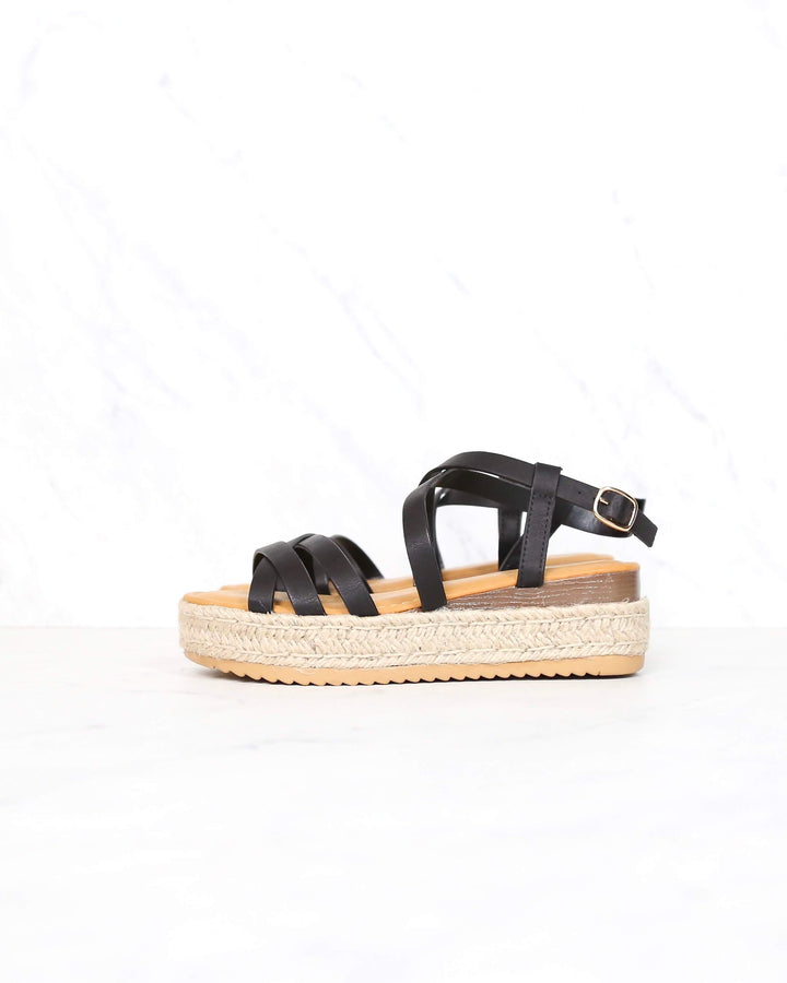 Multi Bands Crossed-Strap Espadrille Platform Sandal with Ankle Strap in Black