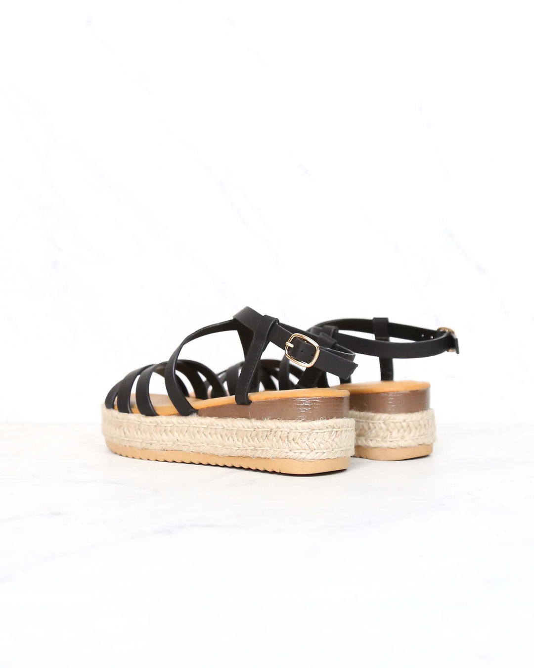 Multi Bands Crossed-Strap Espadrille Platform Sandal with Ankle Strap in Black