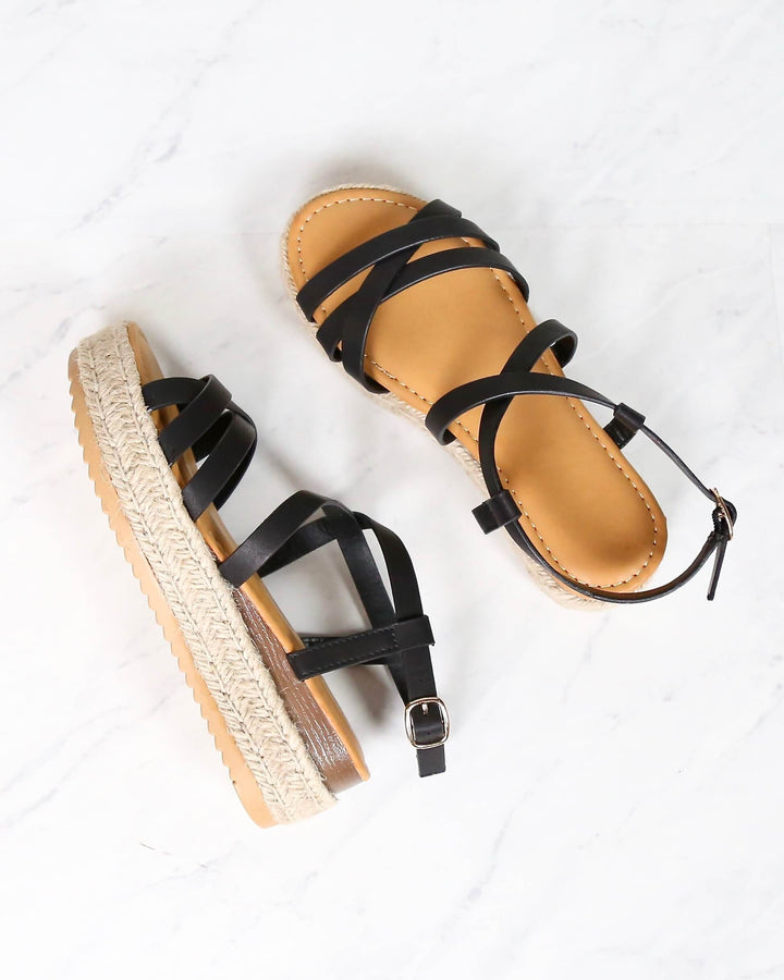Multi Bands Crossed-Strap Espadrille Platform Sandal with Ankle Strap in Black